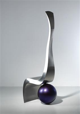 A stainless steel object, Model ‘Peak 3 with violet matted sphere’, designed and manufactured by Friedrich Schilcher in 2018, - Design