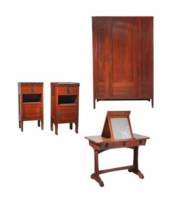 A suite comprising a wardrobe, a table, and two bedside cabinets, designed by Franz Freiherr von Krauß (1865–1942), manufactured by the cabinetmaker Ludwig Schmitt, Vienna, c. 1910, - Design