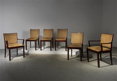 A set of four upholstered chairs and two armchairs mod. 350/11 from dining room 357, designed by Bruno Paul - Design