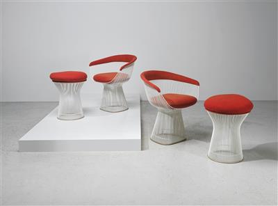 A Suite of Lounge Furniture: Two Wire Chairs Mod. No. 1725 and Two Wire Stool, designed by Warren Platner, - Design