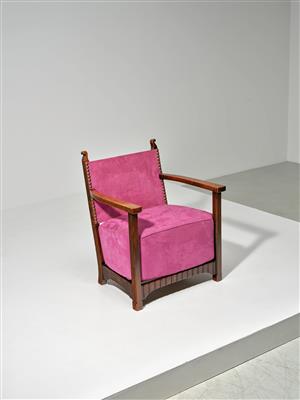 A small, fireside armchair, a variant based on a design by Adolf Loos (in collaboration with Heinrich Kulka), - Design