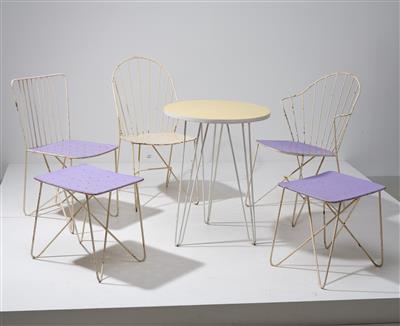 A Suite of Furniture “Sonett”: Set Consisting of a Round Table, Three Chairs - Mod. Auersperg, Mod. Astoria, Mod. Primus, and Two Stools, designed by Arch. J. O. Wladar & V. Mödlhammer, - Design