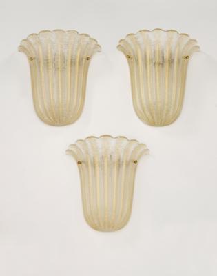 Satz von drei Wandlampen / Wandappliquen aus Muranoglas, Barovier  &  Toso, - Design