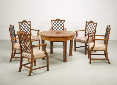 A suite of furniture: set of six armchairs with extensible table, designed and manufactured by Portois & Fix, - Design
