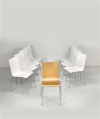 A set of seven white chairs and a golden chair, Heimo Zobernig* - Design First