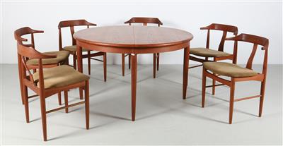Sitzgruppe in Teak: Satz von sechs Stühlen und Tisch, 2. Hälfte 20. Jahrhundert, - Design
