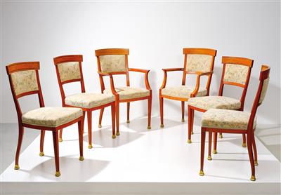 Satz von vier Sesseln und zwei Armlehnsesseln, Entwurf und Ausführung Fa. Portois  &  Fix, - Design