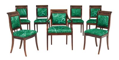 Satz von sechs klassizistischen Sesseln und einem Armsessel, - Möbel, Teppiche und dekorative Kunst