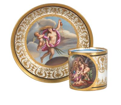 Picture cup and saucer in original leather case, - Di provenienza aristocratica