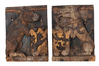Zwei Reliefe, Wappen von Wildschwein und Hund gehalten, - Schloss Schwallenbach - Sammlung Reinhold Hofstätter (1927- 2013)