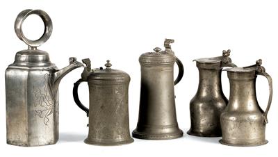 A screw-top jug, a ‘Stitze’ tankard, a ‘Walzenkrug’ stein, two jugs - Collection Reinhold Hofstätter