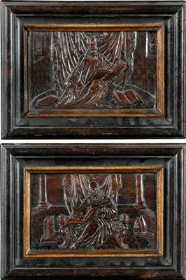 Two framed relief intarsias with depictions of popes, - Collection Reinhold Hofstätter