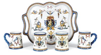 A handled tray, 4 handled beakers, - Di provenienza aristocratica