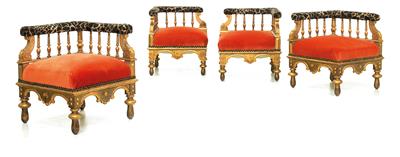 A set of 4 historicist fireside chairs in angular shape, - Aus aristokratischem Besitz