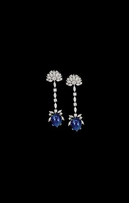 Diamant Ohrclipsgehänge mit unbehandelten Saphiren im Cabochonschliff zus. ca. 15 ct - Juwelen