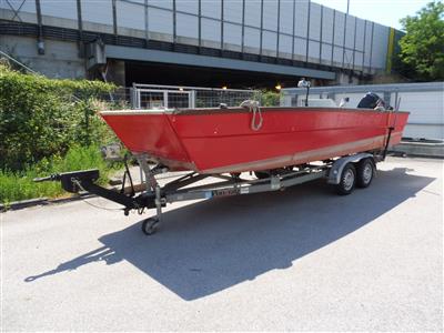 Arbeitsboot (Motorboot) auf Tandemachsanhänger "Pongratz PBA1600T" auflaufgebremst, - Cars and vehicles