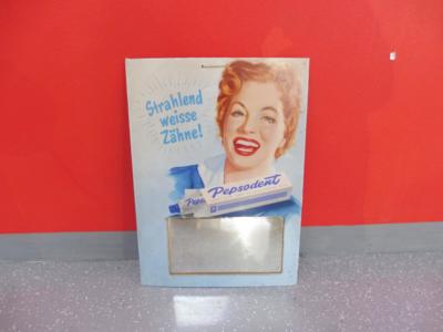 Werbeschild "Pepsodent Zahnpaste" mit Spiegel, - Fahrzeuge und Technik