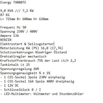 Notstromgenerator Energy T9000TE, - Fahrzeuge und Technik 2023