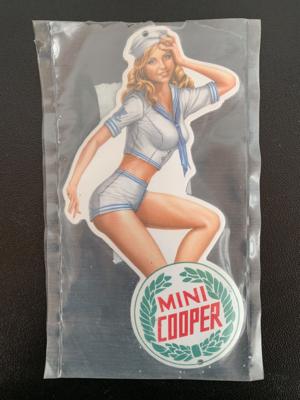 Emailschild "Mini Cooper mit Pin-Up Girl", - Fahrzeuge und Technik