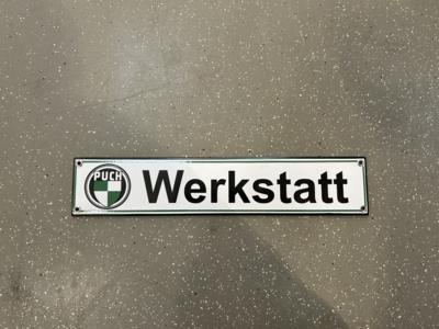 Werbeschild "Puch Werkstatt", - Baumaschinen und Technik