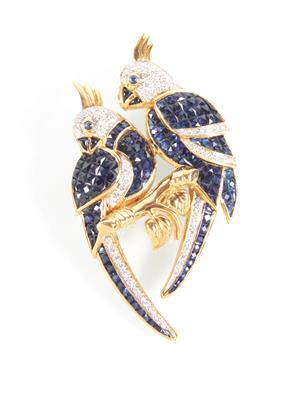 "Papageien" Brillant Saphir Brosche zus. ca. 0,85 ct - Antiques, art and jewellery
