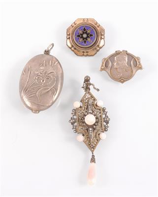 2 Broschen, 1 Medaillon, 1 Anhänger - Antiques, art and jewellery