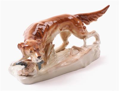 Jagdhund mit Beute, böhmische Keramik, Marke Royal Dux, - Gioielli, arte e antiquariato