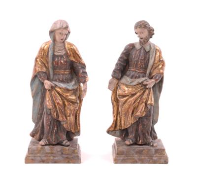 2 Barock-Skulpturen, alpenländisch 18. Jhdt., "Josef und Maria", - Klenoty, umění a starožitnosti