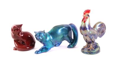 3 Tierfiguren, ungarische Keramik, Marke Zsonlay Pecs, - Klenoty, umění a starožitnosti