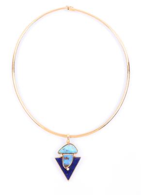 Brillant/Lapislazuli/BoulderOpal-Anhänger an Omega-Collier - Schmuck, Kunst und Antiquitäten