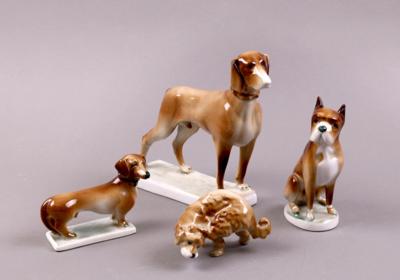 Gruppe Hundefiguren (4 Stück) ungarisches Porzellan, Marke Zsolnay/Pecs, - Jewellery, Works of Art and art