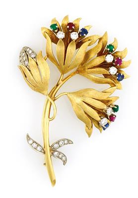 Brillant Farbstein Brosche "Blume" - Umění, starožitnosti a šperky