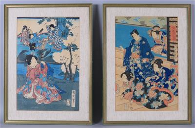 3 japanische Farbholzschnitte zzgl. Seidenmalerei - Art, antiques and jewellery