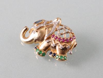 Diamant Rubin Smaragd Saphirbrosche "Elefant" - Umění, starožitnosti, šperky