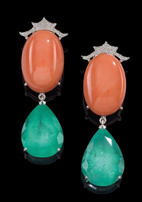 Korallen Brillant Smaragd Ohrclipsgehänge - Art, antiques and jewellery