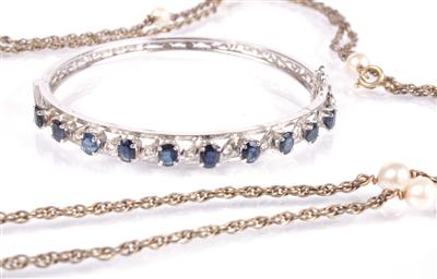 Diamantarmreif zus. ca. 0,15 ct und 1 Halskette mit Kulturperlen (Länge ca. 104 cm) - Um?ní, starožitnosti, šperky