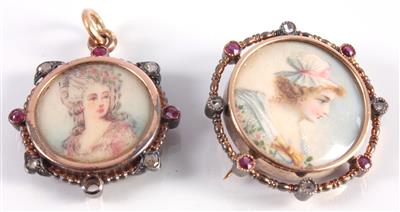 Diamantrauten-Angehänge und -brosche um 1900 - Arte, antiquariato e gioielli