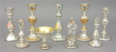 7 Kerzenleuchter, 1 Aufsatzschale, 1 Madonnenfigur 19./20. Jh. - Kunst, Antiquitäten und Schmuck