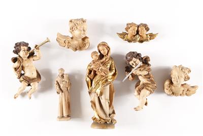 2 musizierende Engel, 2 Skulpturen "Madonna mit Kind", "Hl. Antonius", 1 Paar Engelsköpfe, 1 Engeldoppelkopf - Umění, starožitnosti, šperky
