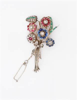 Diamant Rubin Smaragd Saphir Brosche "Blumenstrauß" - Antiques, art and jewellery
