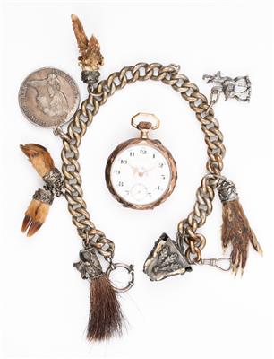 1 Taschenuhr, 1 Uhrkette mit 8 verschiedenen Angehängen - Arte, antiquariato e gioielli