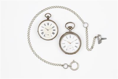 1 Schlüsseltaschenuhr, 1 Taschenuhr um 1900 - Gioielli, orologi e argenti