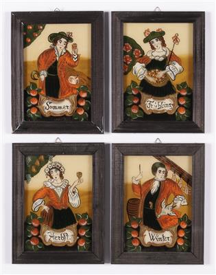 4 Hinterglasbilder "Die vier Jahreszeiten" in barocker Art,20. Jahrhundert - Umění a starožitnosti