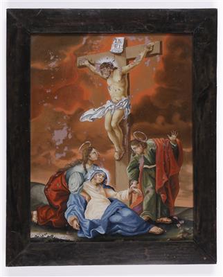 Hinterglasbild "Kreuzigungsgruppe", Augsburg, 2. Hälfte 18. Jahrhundert - Umění a starožitnosti