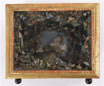 Seltene Klosterarbeit - Wachsbossierung, Hl. Genoveva von Brabant in der Waldeshöhle, 1. Drittel 19. Jahrhundert - Antiques and art