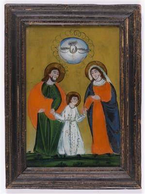 Hinterglasbild "Heilige Familie mit Heilig-Geist-Taube", frühes Sandl, Oberösterreich, 19. Jahrhundert - Kunst und Antiquitäten