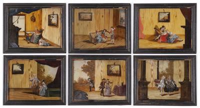 Serie von 6 Hinterglasbildern"Liebesalter", Augsburg, 3. Viertel 18. Jahrhundert - Kunst und Antiquitäten
