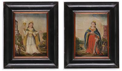 Paar Heiligenbilder: Hl. Barbara  &  Hl. Katharina, 19. Jahrhundert - Paintings