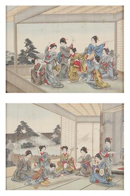 Paar japanische Seidenmalereien, wohl Meiji-Periode um 1900 - Dipinti