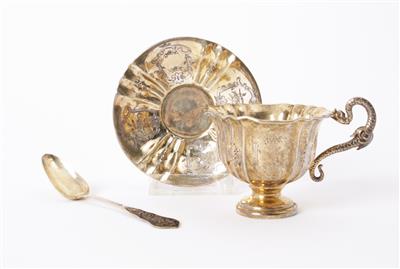 Französische Tasse mit Löffel in originalem Futteral, Mitte 19. Jahrhundert - Kunst und Antiquitäten